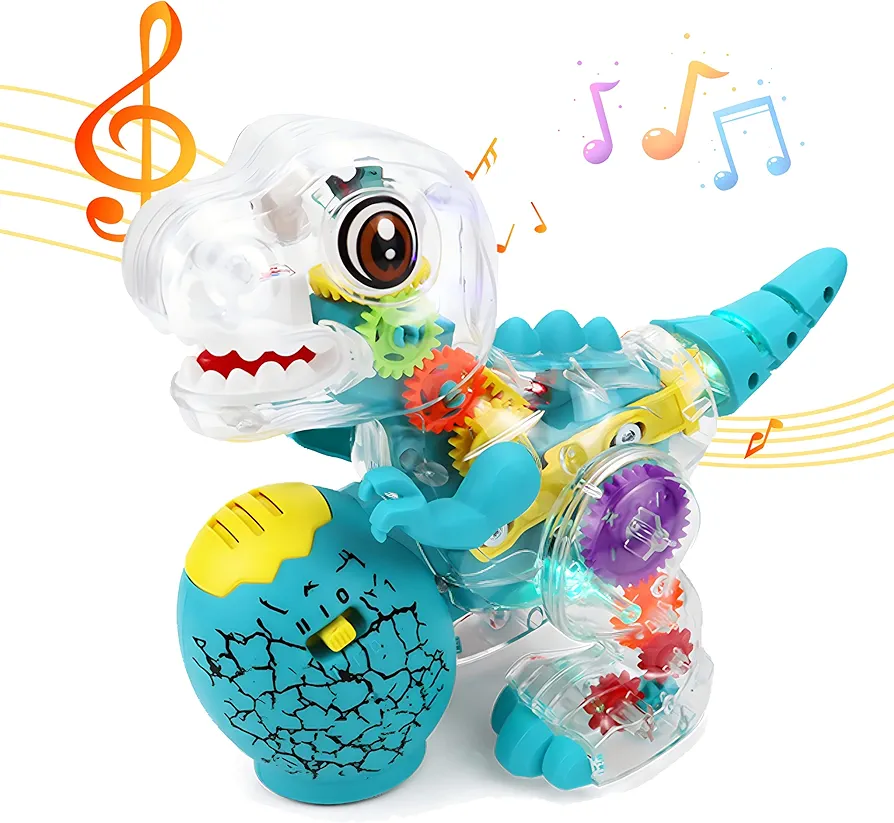 SENCU Light Up Dinosaur Toys for Toddlers,Transparent Gear Dinosaur Car Sensory Toys with Cool Light and Music Fun Early Educational Crawling Toys Great Christmas Birthday Gift Idea