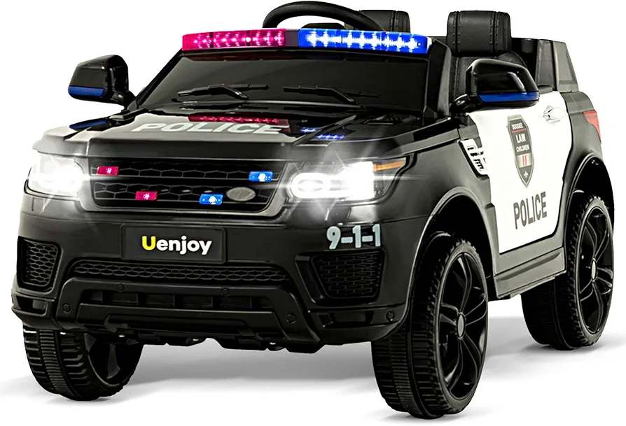 12V Kids Police Ride On Car SUV Battery Operated Electric Cars w/ 2.4G Remote Control, LED Siren Flashing Light, Music& Horn Intercom, Bumper Guard, Openable Doors, AUX, USB Port, Black