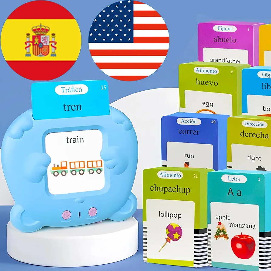 English & Spanish Talking Flash Cards for Kids - Bilingual Pocket Speech for Toddlers 3-12, 510 Sight Words of 31 Themes, Autism Sensory Toys, Tarjetas Parlantes Bilingües Espanol (Blue)