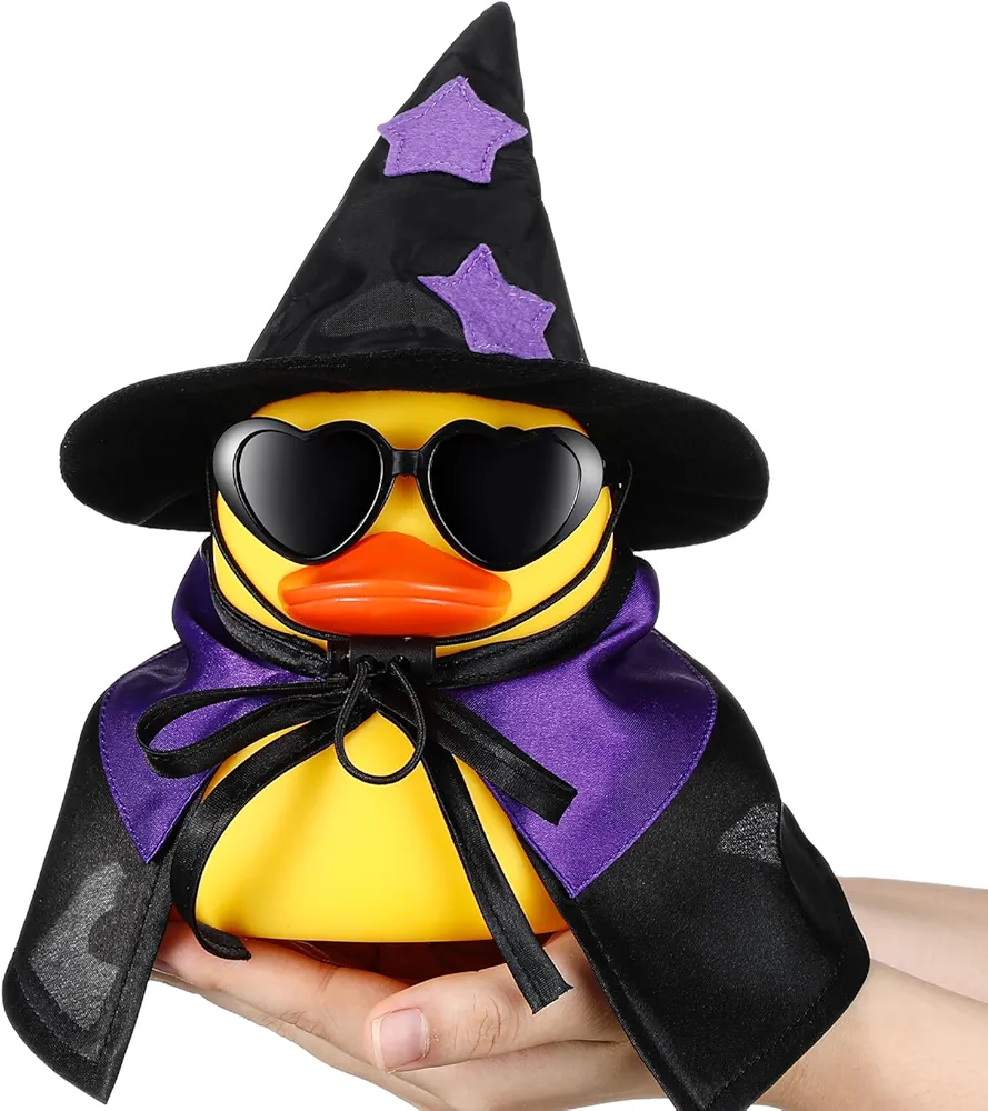 Honoson 6.89 Inches Giant Rubber Duck with Hat Necklace and Sunglasses Large Yellow Car Ornaments Duck Squeaky Ducking Rubber Duckies for Dashboard Decorations Bath Toy (Witch)