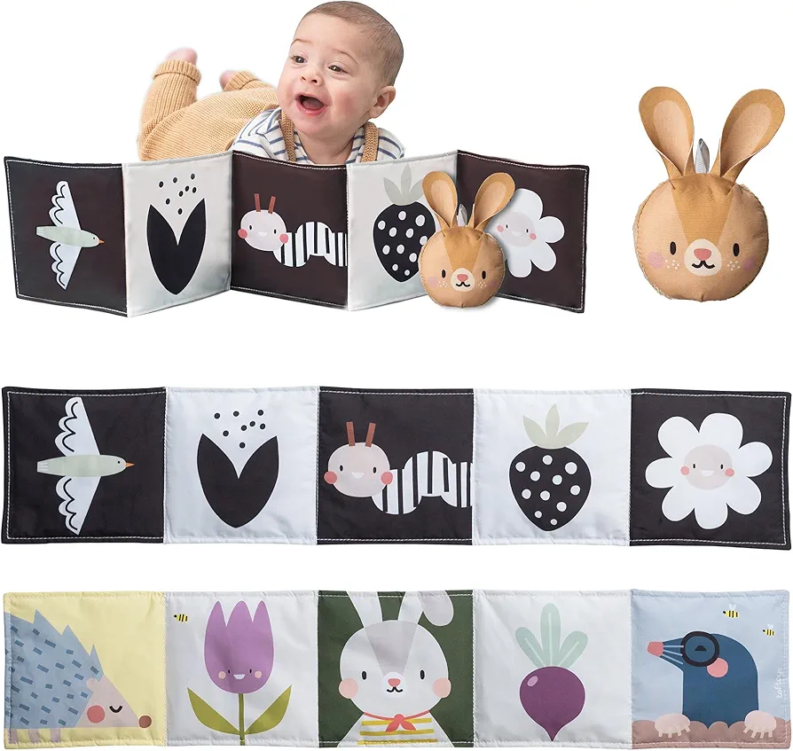 Taf Toys Bunny Pram Book & Toy Set | High Contrast Black & White Infant Visual Stimulation | Soft Fabric for Newborn Cognitive Development | Baby Essential Montessori Toy for 0-6 Months