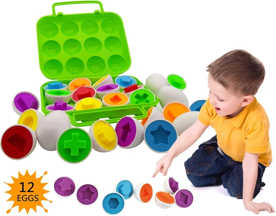 12pcs Color and Shape Matching Egg Set Montessori Toddler Education Classification Toys for Fine Motor Skills of The Fingers Muscles, Preschool Children Smart Puzzles Easter Gifts (Green)