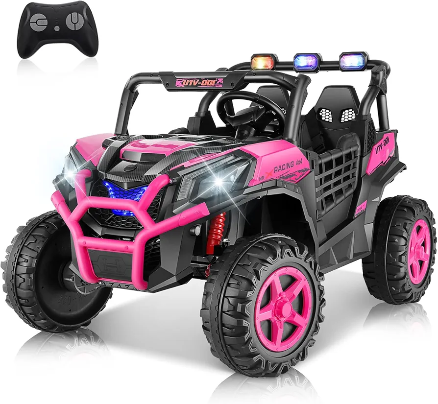 Hikole 24v Ride On Toys for Big Kids, 2WD/4WD Switchable Kids Electric Cars Vehicles w/Remote Control, 20" Spacious Seat, 4 Shock Absorbers, Music, Bluetooth, 2 Seater UTV for Boys Girls, Rose Red