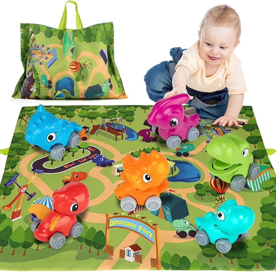 ALASOU 6 PCS Dinosaur Truck Car Toys with Playmat/Storage Bag|Baby Toys for 1 2 3 Year Old Boy|1 2 Year Old Boy Birthday Gift for Infant Toddlers|First Birthday Gifts for Toddler Toys Age 1-2