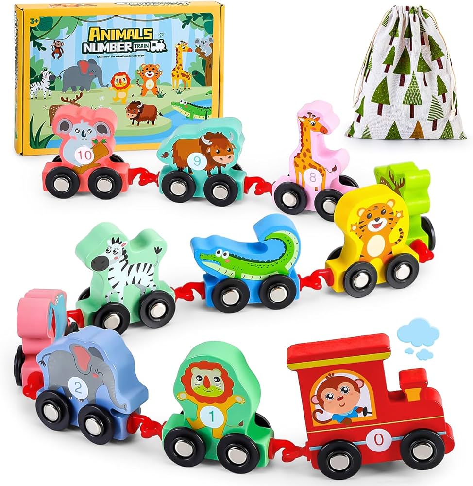 EDUJOY Toddler Toys for 2-3 Year Old Boy, Wooden Animal Train Set, Montessori Toys for 2 3 Year Old Boy Christmas Birthday Gifts, Learning Toys for Toddlers 2-4 Years Girl Toys Age 2 3