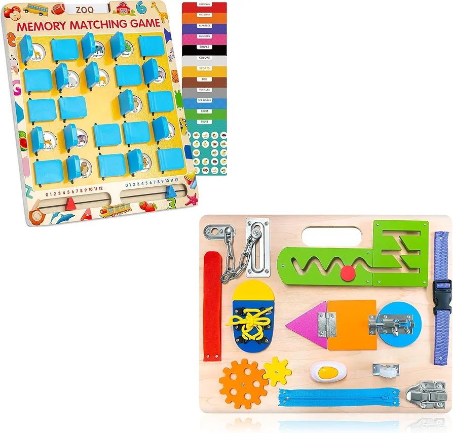 Birthday Gifts for Kids Boys Girls Age 2 3 4 5 6, Matching Memory Game & Montessori Busy Board for Toddlers, Wooden Sensory Toys for Airplane/Car/Camping Activity