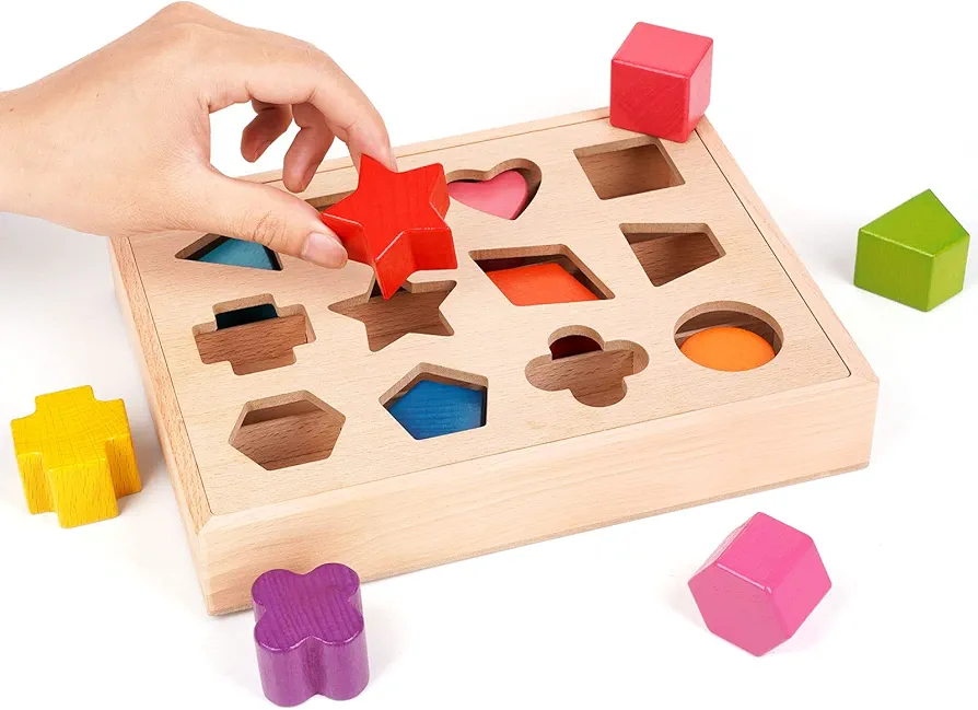 Wooden Shape Color Sorting Toy for Toddler 1-3 Year Old Matching Box Game Puzzle Toy Babies Montessori Toy- Early Learning Educational Activity Toy Fine Motor Skills and Color Shape Recognition Toys