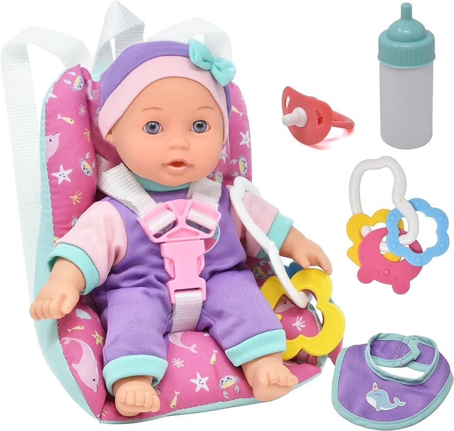 Gift Boutique Soft Body Baby Doll for Toddlers with Take Along Doll Backpack Carrier Accessories, Interactive 10 Inch Infant Doll with Car Booster Seat for Girls 2 3 4 5 Year Old