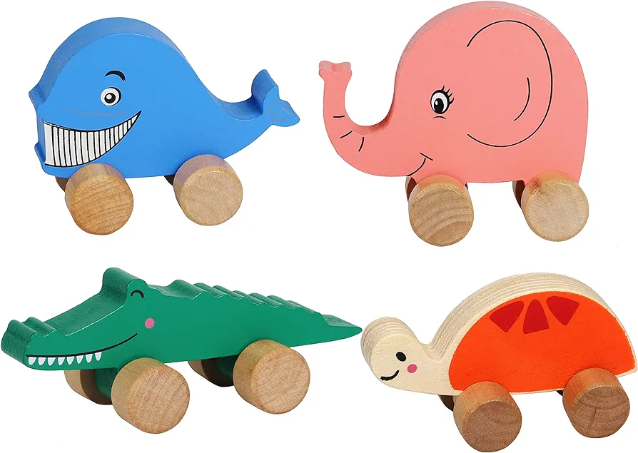 TOWO Wooden Cars for Toddlers - Animals on Wheels - Vehicles Sensory Grasping Motor Skill Toy –Push and Go First Trucks for Baby 12 Months 1 year old