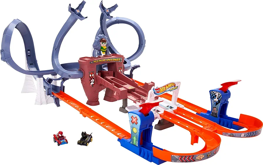 Hot Wheels Toy Car Track Set, RacerVerse Spider-Man’s Web-Slinging Speedway, Competitive Race with 2 Die-Cast Vehicles: Spider-Man & Black Panther