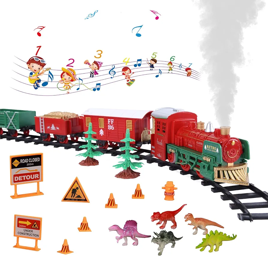 Electric Train Set for Boys Girls, Christmas Train Set with Real Smoke, Sounds & Lights, Classic Toy Train with Steam Locomotive Engine, 3 Train Cars and 10 Tracks