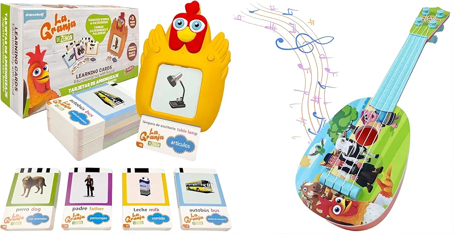 La Granja De Zenon Bartolito Toddlers Spanish English Talking Flash Cards with 224 Sight Words and 15" Inch Kids Ukulele Guitar Toys with 4 Strings Keep Tones