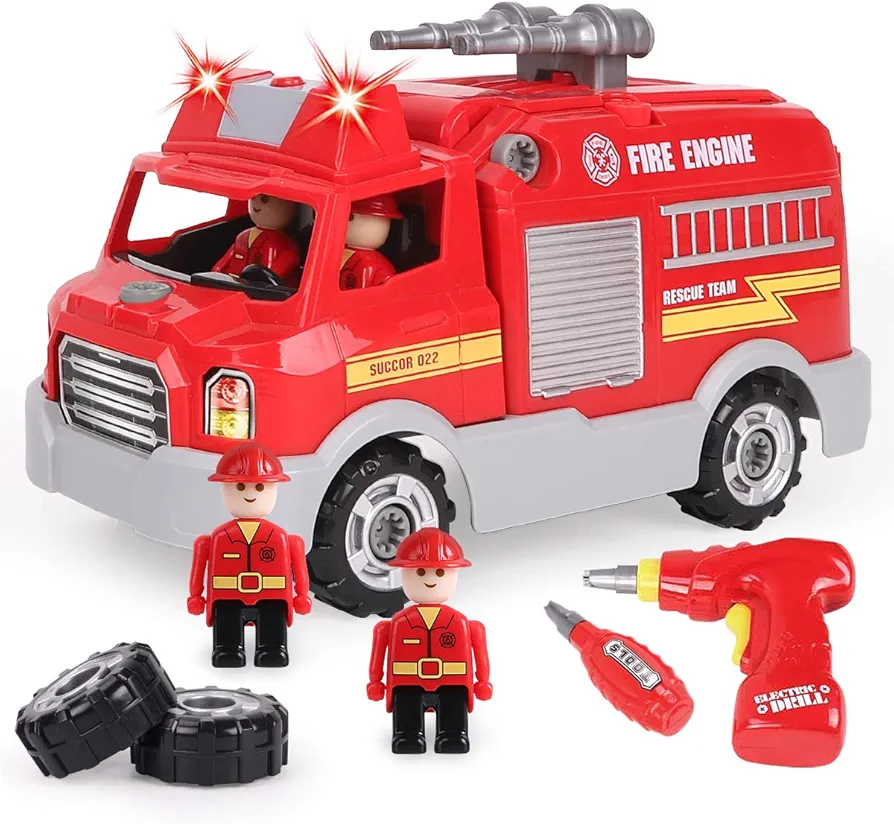 REMOKING Take Apart Toy, Learning Car Toy for Boys & Girls, Build Your Own Car Toy Fire Truck,Educational Playset with Tools and Power Drill, DIY Assembly Car with Realistic Sounds & Lights (3+ Ages)