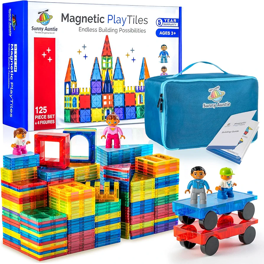 Magnetic Tiles 125 PCS +4 FIGURES, Magnetic Tiles for Kids, Toy for 3 4 5 6 7 8 Year Old Boys & Girls, Magnetic Tiles Building Set, Educational Construction STEM Toy, Great Gift for Kids Aged 3-8