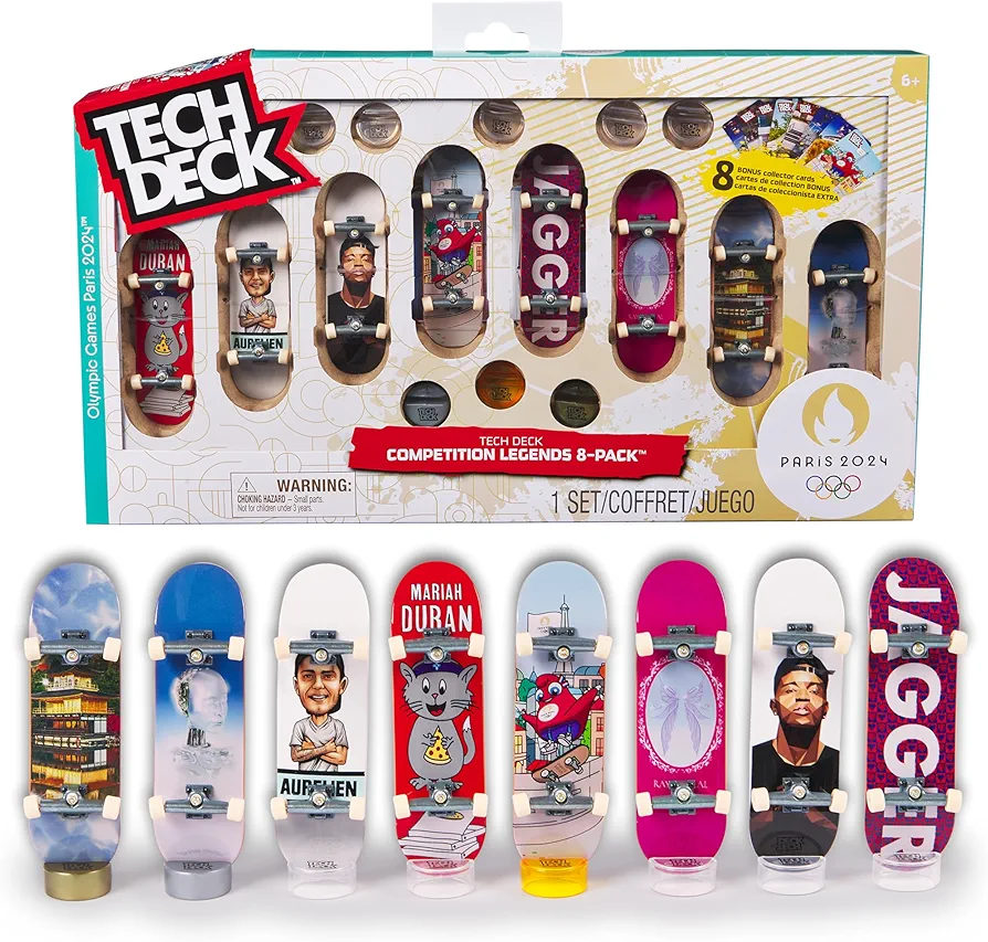 Tech Deck, Competition Legends 8-Pack Fingerboards with Collectible Cards, Olympic Games Paris 2024, Customizable Mini Skateboards, Kids Toys for Ages 6 and up