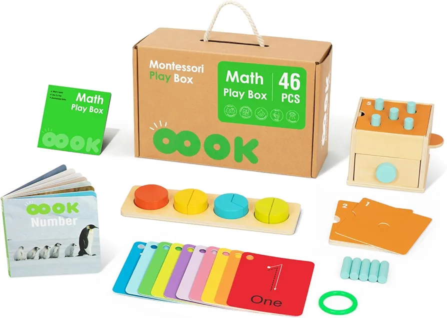 Montessori Math Play Set Counting Toys for Kids, Wooden Counting Peg Board Box, Digital Books, Learning Number, 4 in 1 Educational Set for Boys Girls 3 4 5