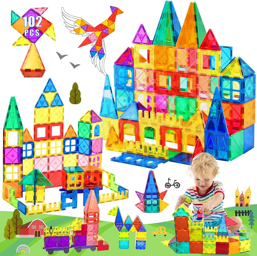 102 Pcs Magnetic Tiles Kids Toys(Includes 2 Cars) STEM Toys for Toddler Magnetic Building Blocks Toy Preschool Must Haves Toy for 3+ Year Old Boys and Girls, Safe Material with Strong Magnetism