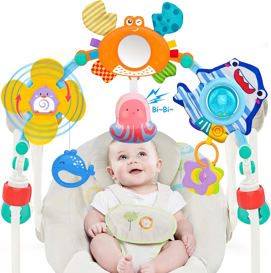 Baby Stroller Arch Toys with Baby Mirror for Infant 0-3-6-12 Month Carseat Bouncer Montessori Toy for Babies Shower Easter Gifts for Newborn 0-6 Month Sensory Development for 4 5 7 8 Months Boys Girls