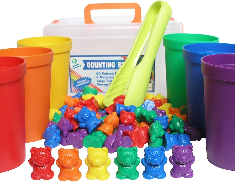 Legato Counting/Sorting Bears; 60 Rainbow Colored Bears, 6 Stacking Cups, Kids Tweezers, Storage Container, and Activity eBook. Quality Educational Toy, Good for STEM and Montessori Programs.