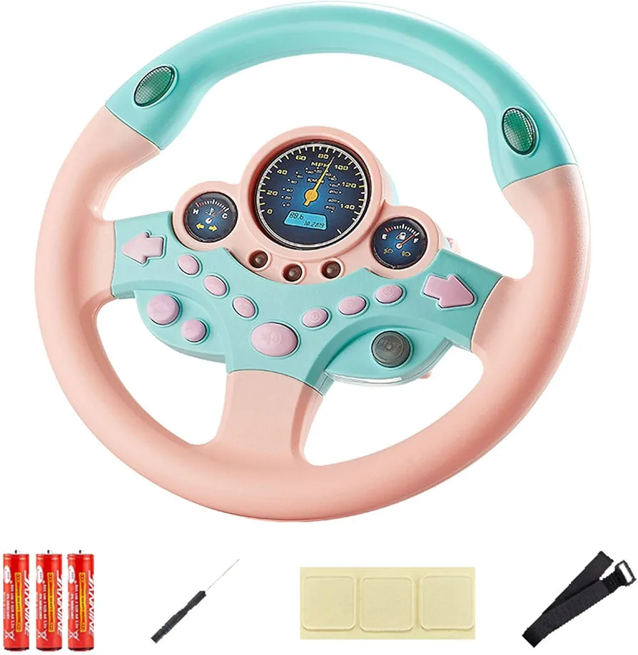 VVistch Kids Steering Wheel Toy with Light and Music, Car backseat Simulated Driving Steering Wheel Gifts Toys (pink)