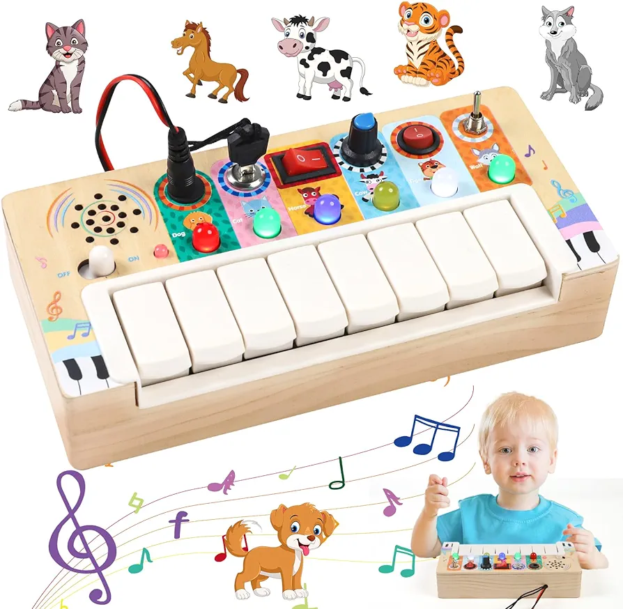 Wdmiya Busy Board Toys for Toddlers, Montessori Toys with 6 Led Light Switch for 1 Year Old, Wooden Piano Busy Board for Toddlers 1-3, Educational Activity Toys & Gifts for 1 2 3 Year Old (Busy Board)