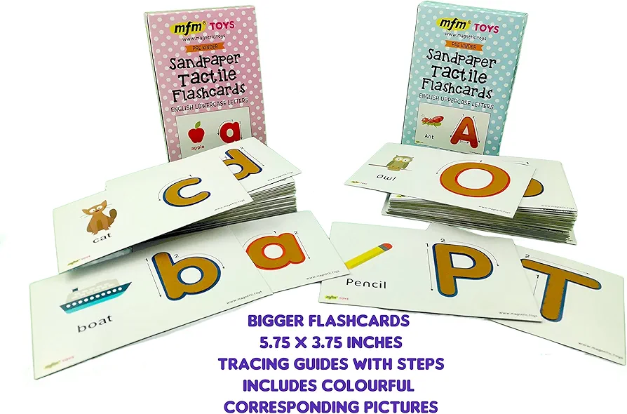 MFM Toys Sandpaper Tactile English Letters Flashcards (Uppercase + Lowercase Combo) Montessori Sandpaper Letters