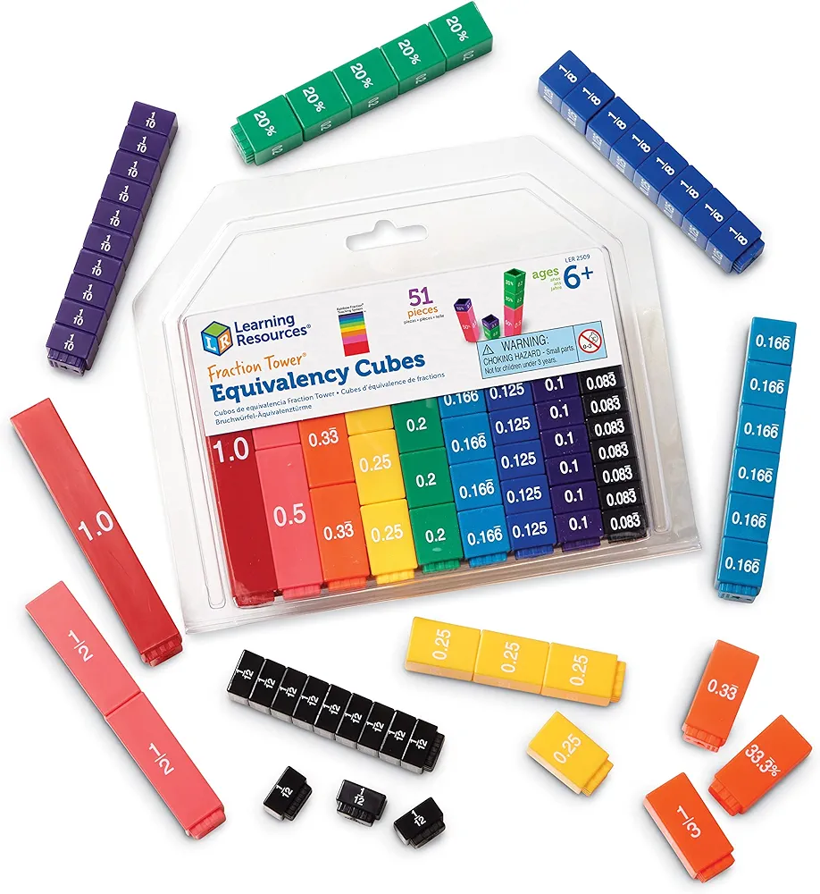 Learning Resources Fraction Tower Equivalency Cubes - 51 Pieces, Ages 6+ Math Learning Toys for Kids, Math Classroom and Homeschool Accessories, Fractions Learning for Kids,Back to School Supplies