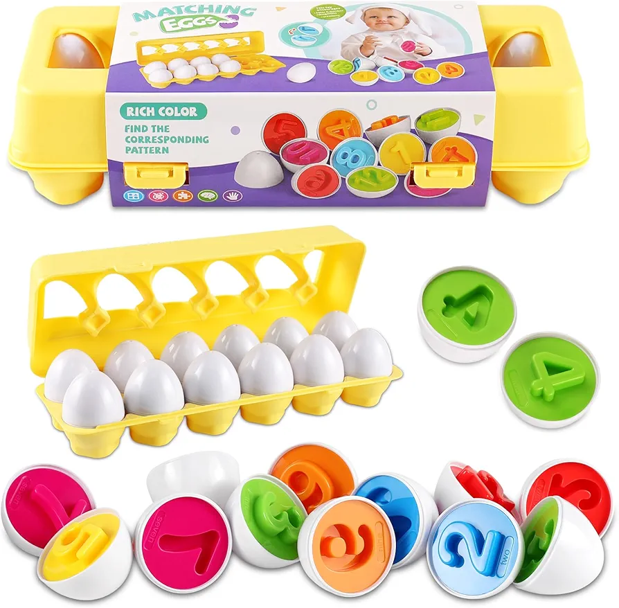 LOOIKOOS Matching Egg Toy Set - 12 Play Eggs Toddler Toys - Educational Color and Number Recognition Skills -Learning Egg Game Puzzle for Toddlers