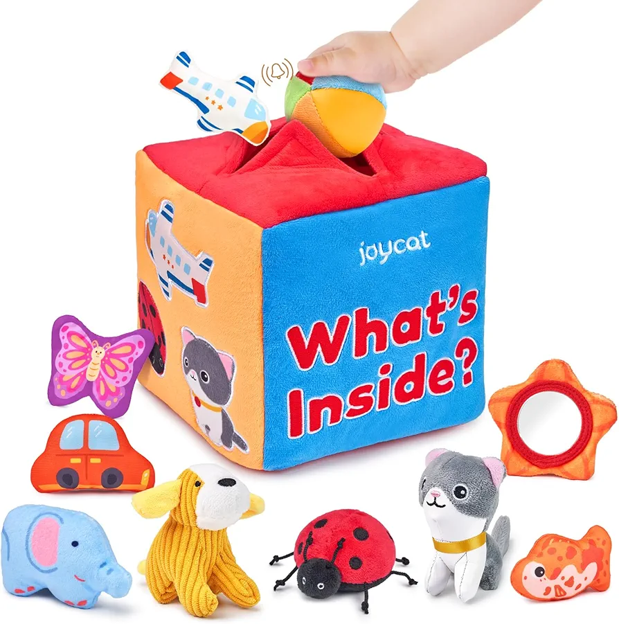 Soft Mystery Box with 10 Sensory Objects - My First Baby Box for 0-6 Months, Rattle, Crinkle Paper, Mirror - Busy Montessori Toys for Babies 6-12 Months - What's Inside Box Infant Gifts