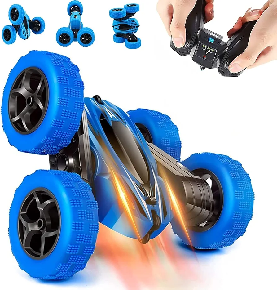 Remote Control Car RC Stunt Car Toy for Kids, 4WD 2.4Ghz Double Sided Crawler Vehicle 360° Rotating RC Car Tumbling with LED Headlights Gift for Boys Girls(Blue)