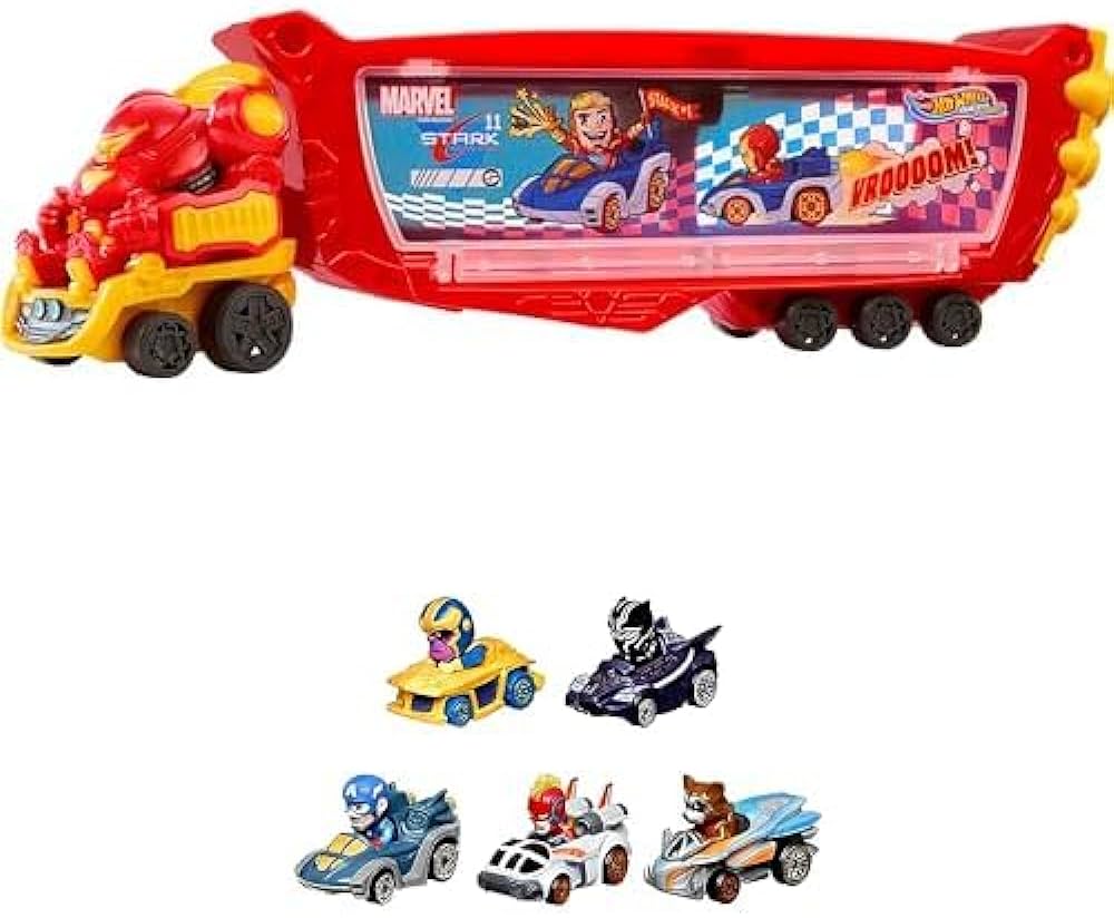 Hot Wheels RacerVerse Marvel Hauler & 5 Toy Cars, Transport & Store Up to 10 Toy Vehicles in Hulkbuster Hauler with Detachable Cab, includes 5 Die-Cast Vehicles