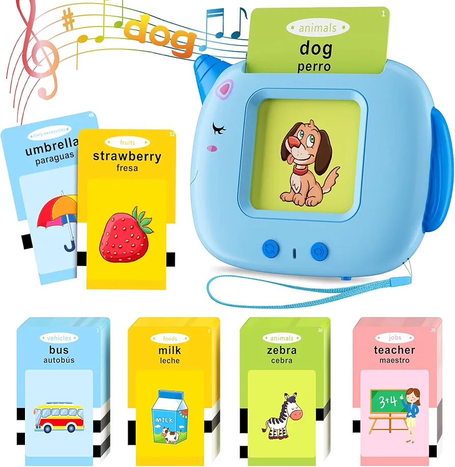 Spanish Talking Flash Cards Toddlers Toys: Bilingual Learning Toys for Kids 2-3, Español Speech Therapy Pocket Speech Toy for Age 2-6, Autism Educational Montessori Toy with 385 Sight Words, Blue