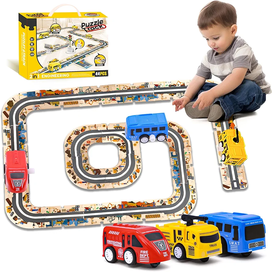 Puzzle Track-Educational Play Set-Puzzle Racer Kids-44 PCS-Montessori Toys, DIY Puzzle Tracks with 3 Vehicles, Present for Toddlers for Kids 3 4 5 6 Year Old Boys Girls…