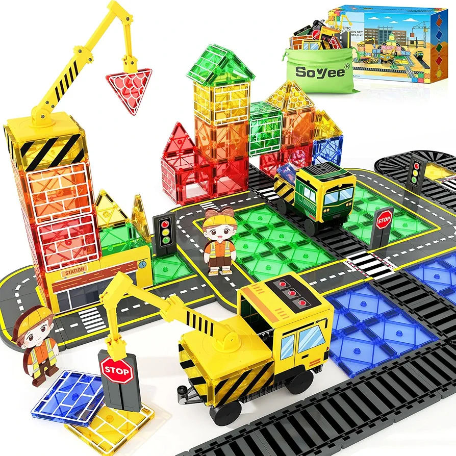 Magnetic Tiles Magnetic Construction Set with 2 Cranes Boys Toys for Ages 3-5 5-7 8-10 Building Toys Includes Crane, Road Tracks, Train, Train Tracks, Dolls, Car Toy, Traffic Lights and Stations