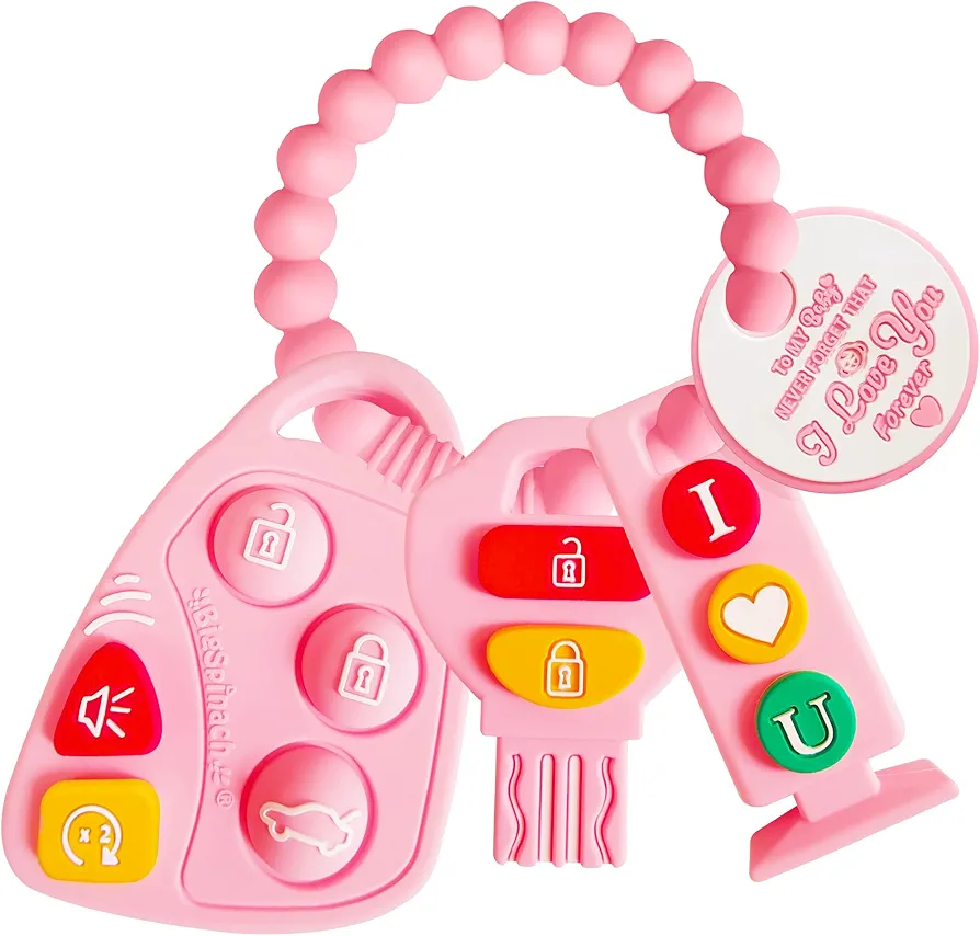 Baby Teething Keys Toys 6 to 12 Months,Gothic Car Keys Baby Teether Combo Set,Car Key Remote Toy Controller for Toddler (KEY, Pink)