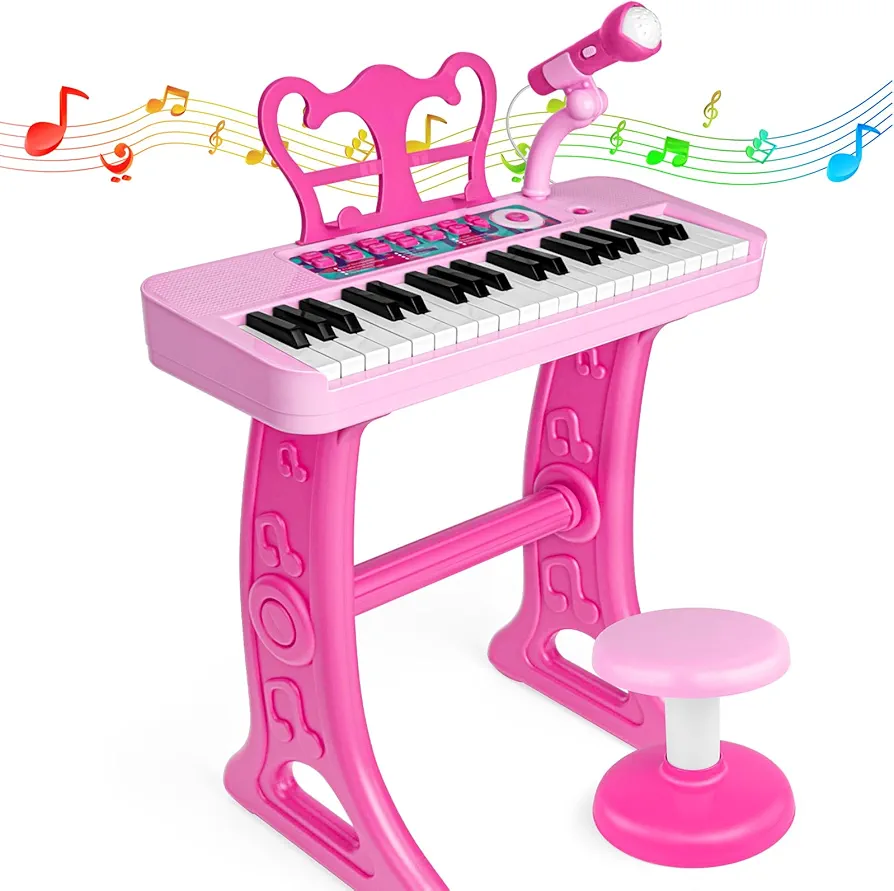 Amy&Benton Birthday Gift for 3 4 5 6 7 Year Old Girls Piano Toy with Stood for Girls 3-5 Pink Music Keyboard Toy 37 Keys with Chair