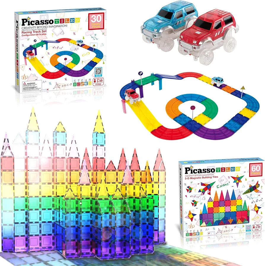 PicassoTiles 60PC Magnet Tiles + 30PC Race Car Track Fun & Creative Playset Bundle: STEAM Learning, Enhance Construction Skills, Hand-Eye Coordination and Fine Motor Skills, Gift for Boys and Girls