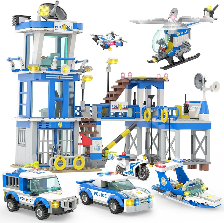 City Police Station Building Block Set - 890 Pieces Helicopter, Police Car and Truck, Patrol Boat, Coast Guard Headquarter Toy - Ideal Creative Roleplay Gift for Kids, Boys, and Girls Ages 6-14