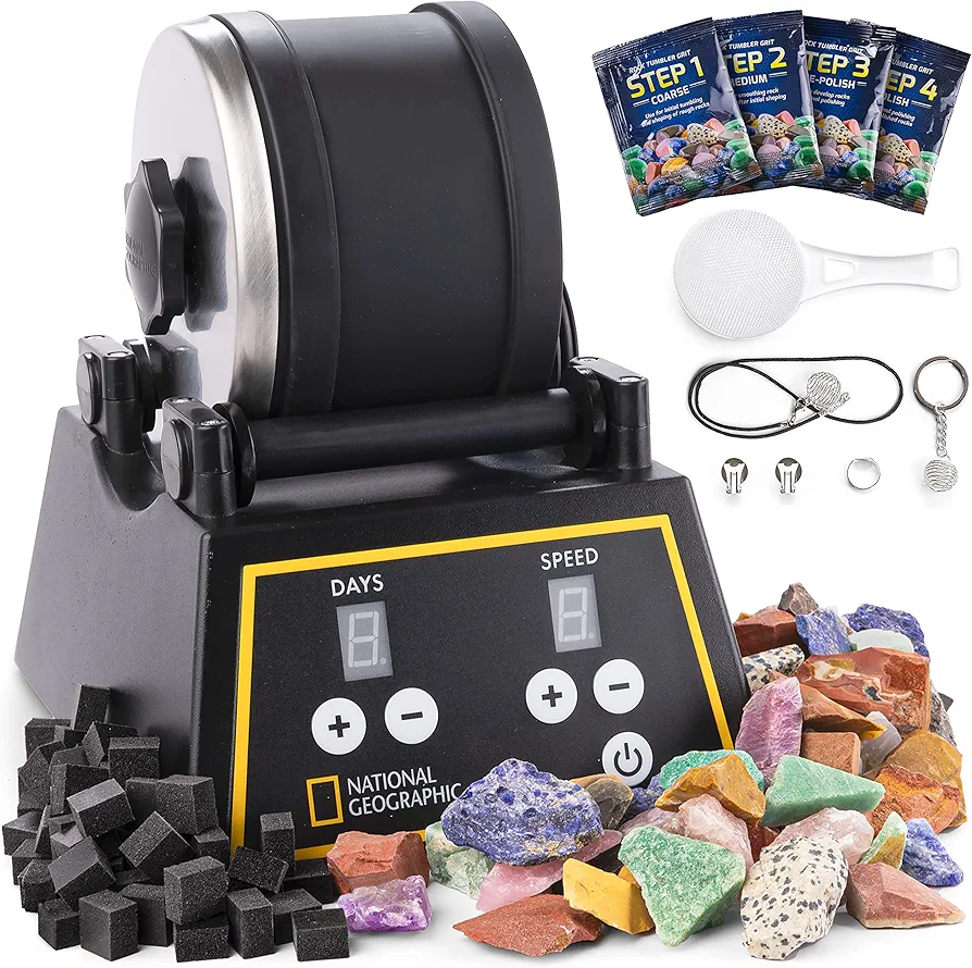 NATIONAL GEOGRAPHIC Professional Rock Tumbler Kit - Complete Rock Tumbler for Adults & Kids with Durable 2 Lb. Barrel, Rocks, Grit, and Patented GemFoam Finishing Foam Polish, Rock Polisher