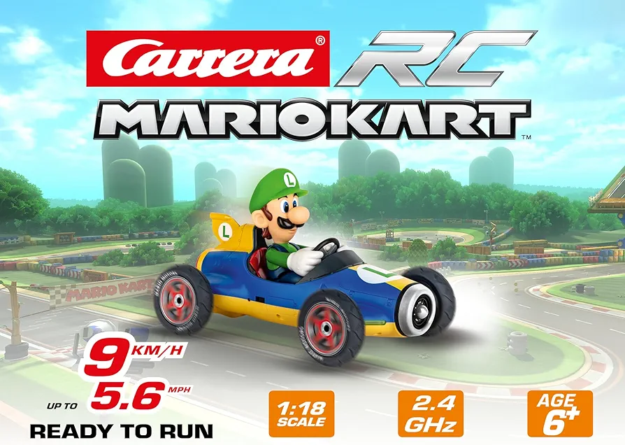 Carrera RC Official Licensed Mario Kart Mach 8 Luigi 1: 18 Scale 2.4 Ghz Remote Radio Control Car with Rechargeable Lifepo4 Battery - Kids Toys Boys/Girls, (Model: 181067)