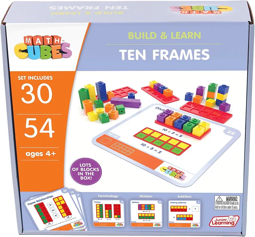 Junior Learning: Mathcubes - Ten Frames - 30 Activity Set, Build & Learn, Blocks & Boards Hands On Math, Developmental & Education Set, Kids Ages 4+