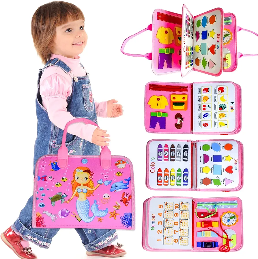 Busy Board Montessori Toys Busy Board for 3+Year Old Girl Birthday Gifts Busy Book for Toddlers 1-3 Preschool Learning Activities Sensory Toys for fine Motor Skills Travel Toys for Toddlers 3-5 Pink