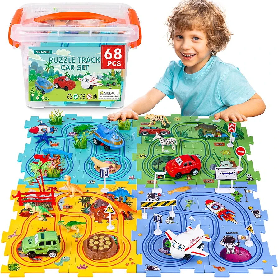 68PCS Puzzle Racer Kids Car Track Set 4 Series Toddler Car Track,Puzzle Track Car Play Set,Puzzle Track,Educational Puzzle Toys for Kids Ages 3+ Boys and Girls