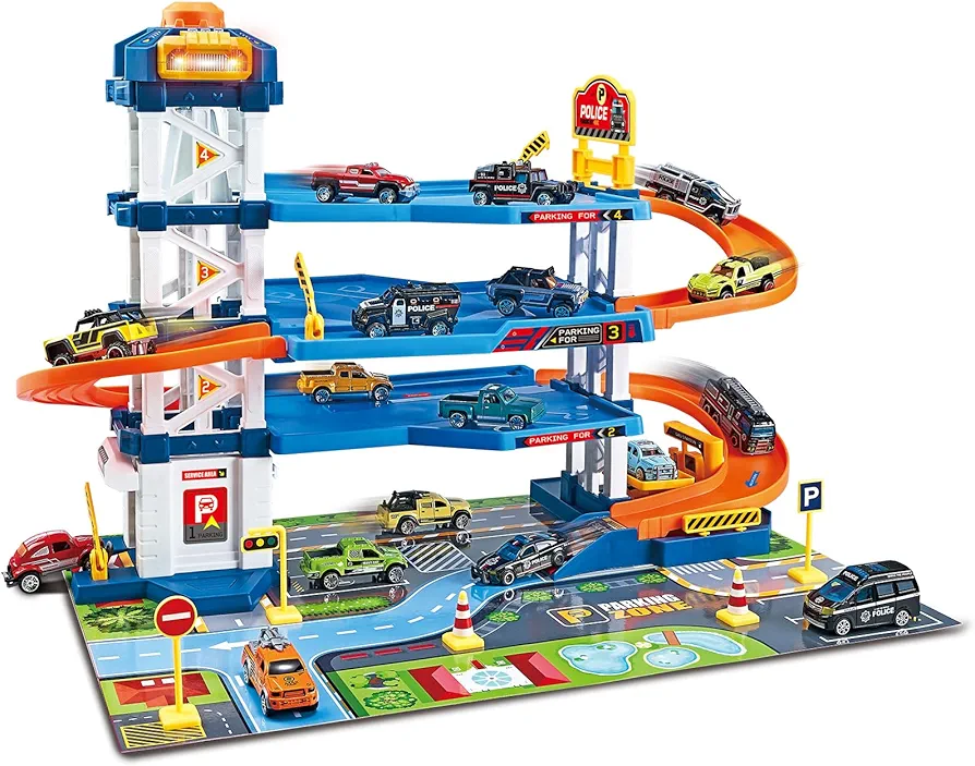 Parking Garage Toy Playset, Race Car Ramp Track Toys Sets Garage Playset with 6 Little Alloy Racer Cars Adventure Track, 3 Parking Levels Christmas Birthdays Gifts for Age 3 4 5 6 7 Boys Girls