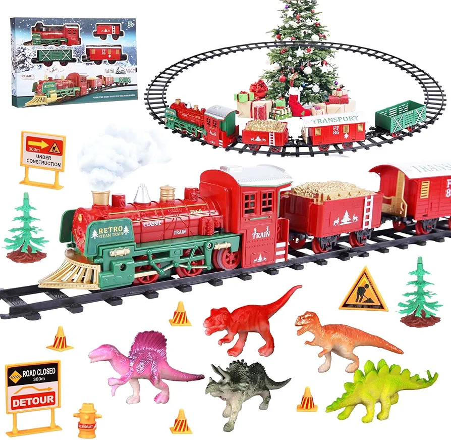 Christmas Train Set for Under/Around Christmas Tree,Electric Toy Train with Lights,Real Smoke,Sound,Include 4 Cars,10 Tracks,5 Dinosaurs, Battery Operated Holiday Train Xmas Gifts for Kids Boys Girls