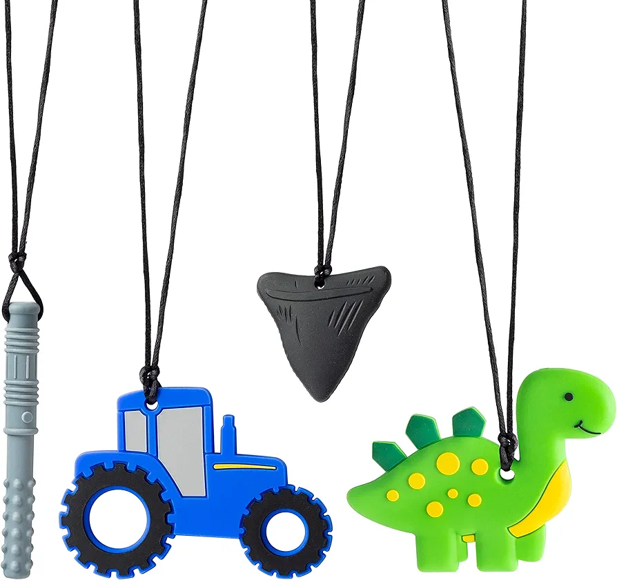 4Pcs Sensory Chew Necklaces Car Teether Shark Tooth Food Grade Silicone Teething Chewing Toy Dinosaur Chewable Pendant for Infant Nibble Oral Motor Autism ADHD Boy Girl Kids