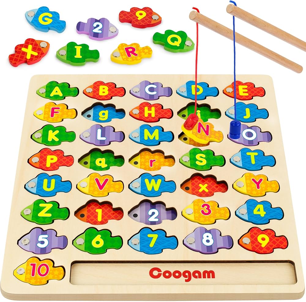 Coogam Magnetic Alphabet Numbers Fishing Game, Wooden ABC Letter Numbers Color Matching Puzzle Fine Motor Montessori Educational Toy for Preschool 3 4 5 Year Old Toddlers