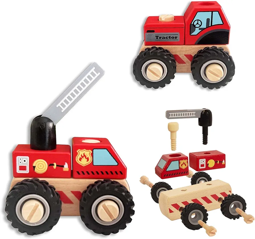 Construction Vehicles for Toddlers, 2 Pcs Wooden Detachable Assemble Cranes and Tractor, Kids Vehicle Toys Hand Push Car Toys for 3 Years Old Boys Girls