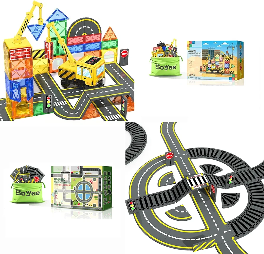 Magnetic Tiles Road & Train Track Expansion Pack Magnetic Tiles Construction Set with Crane, Road Pieces and Truck Magnetic Blocks STEM Building Toys for Kids 3+, 4 5 6 7 8 Year Old Boys Birthday Gift