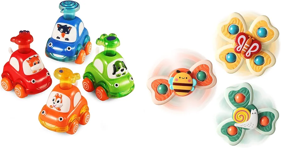 ALASOU 4 PCS Animal Car Toys and 3 PCS Suction Cup Spinner Toys for infant and toddlers